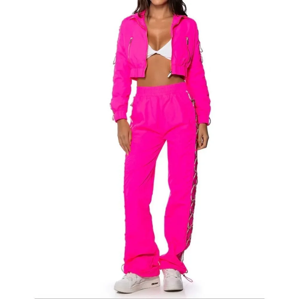 Akira Neon Pink Diamond Lace-Up High-Waisted Pull-On Track Pants Size XL